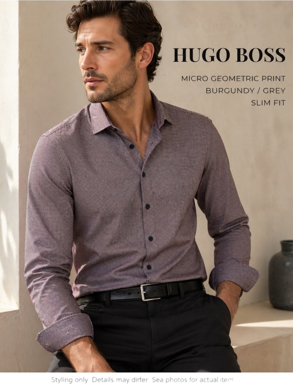 Hugo Boss Micro Print Shirt Burgundy Grey Slim Fit 15.5 Quiet Luxury